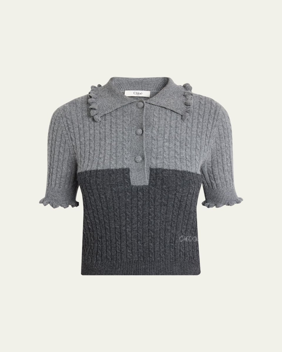 Bicolor Ruffle-Trim Short-Sleeve Polo Sweat